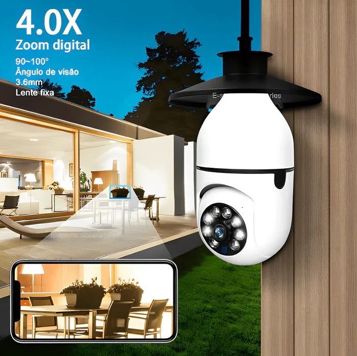 Câmera de Segurança Wi-Fi 360° Full HD com Visão Noturna Colorida - Encaixe Lampada - Neohousi