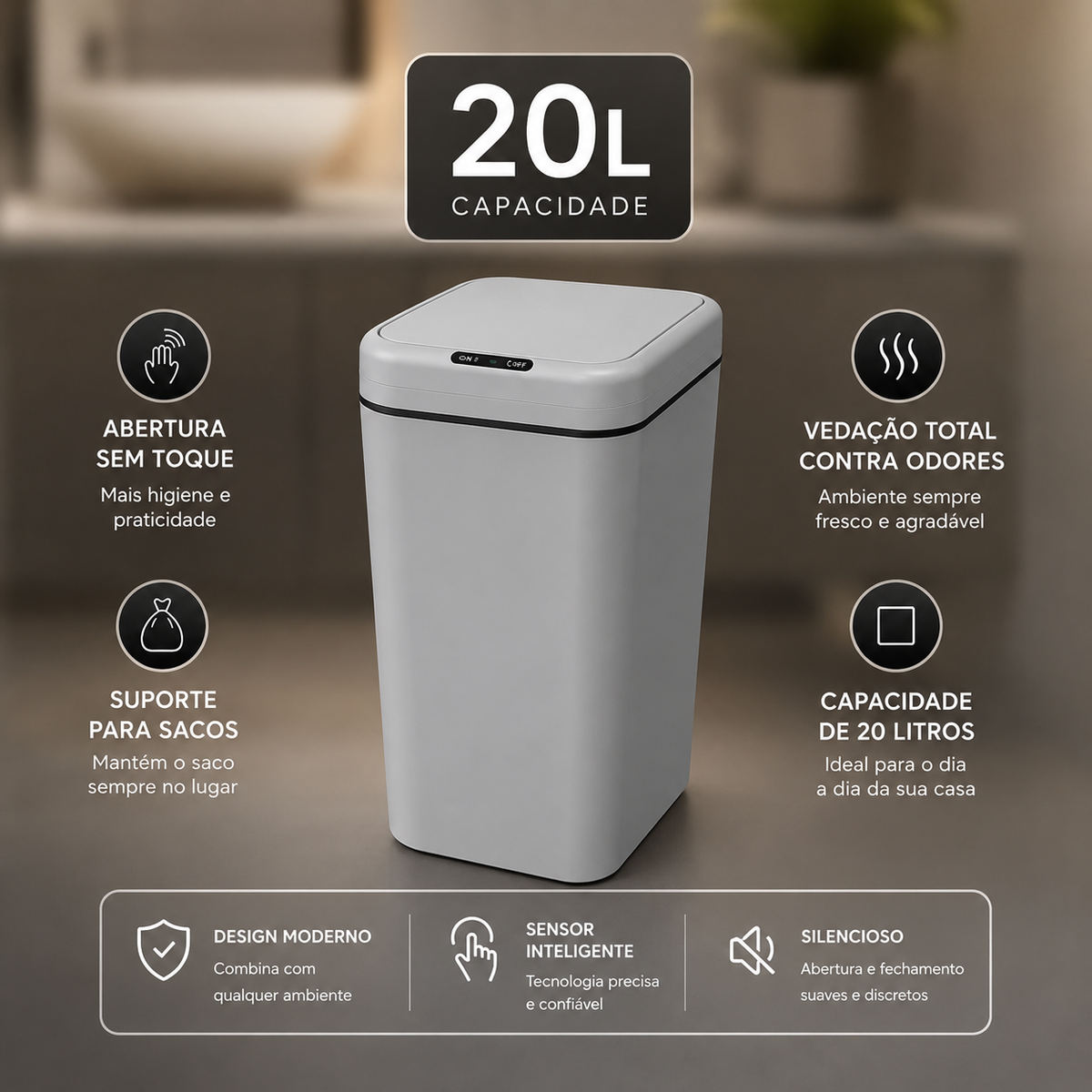 Lixeira Automática Inteligente 20 Litros com Sensor de Movimento