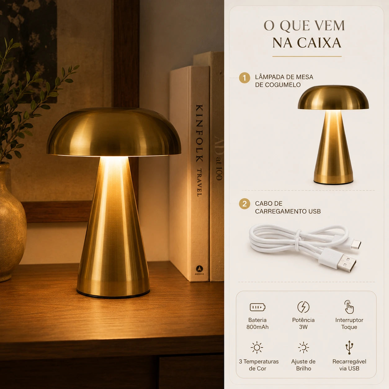 Luminária de mesa cogumelo LED touch recarregável Aureli, Neohousi
