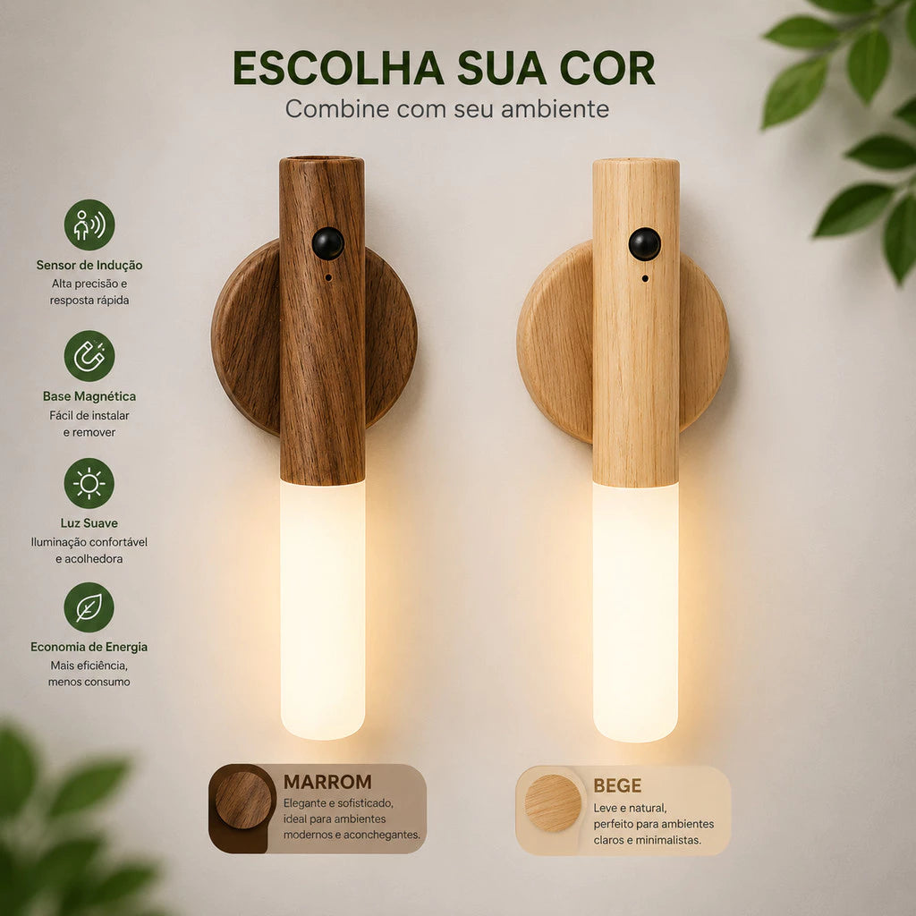 Luminária de Parede Led Inteligente com Sensor e Base Magnética – Madeira