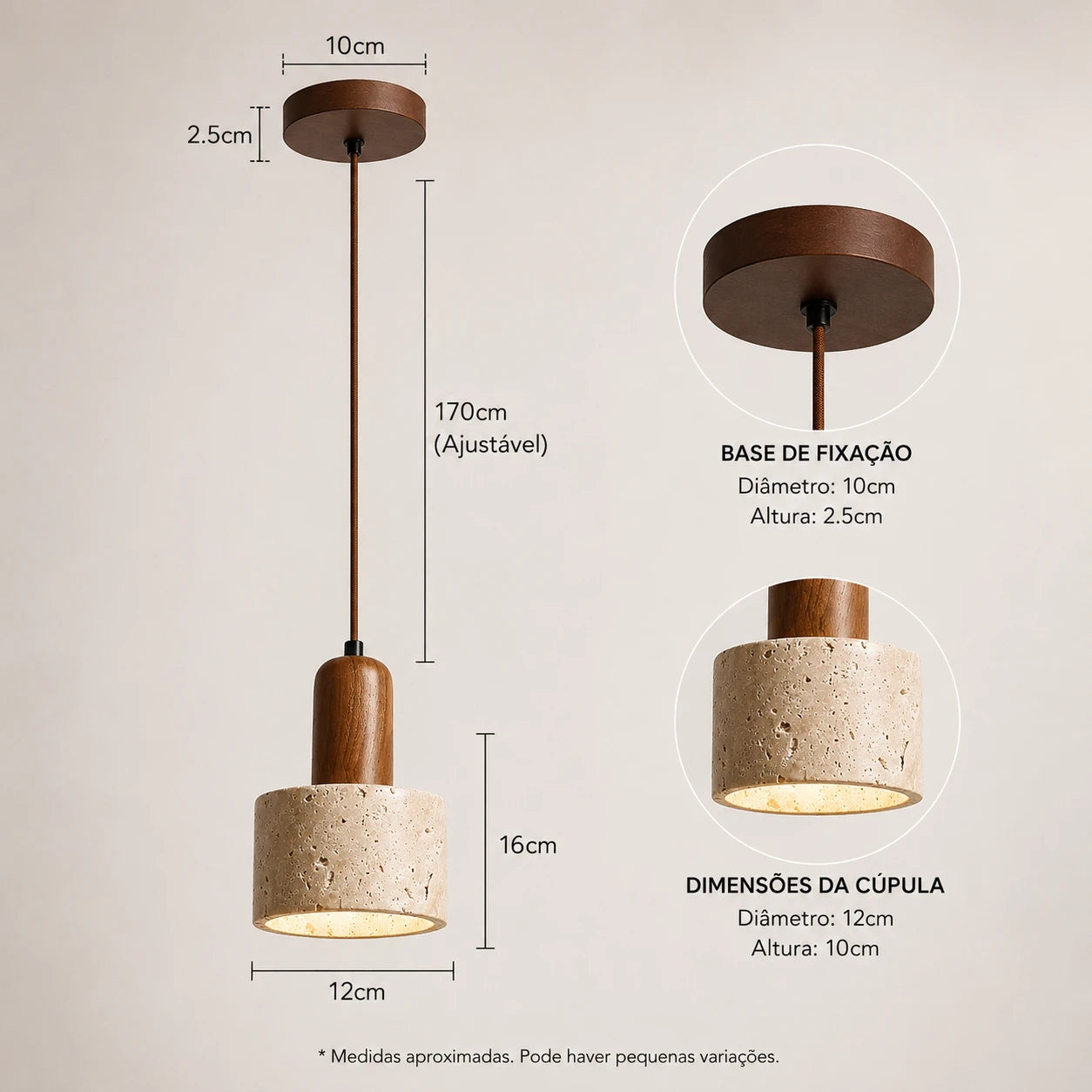 Luminária Pendente Moderna Wabi-Sabi em Travertino e Madeira Kanso