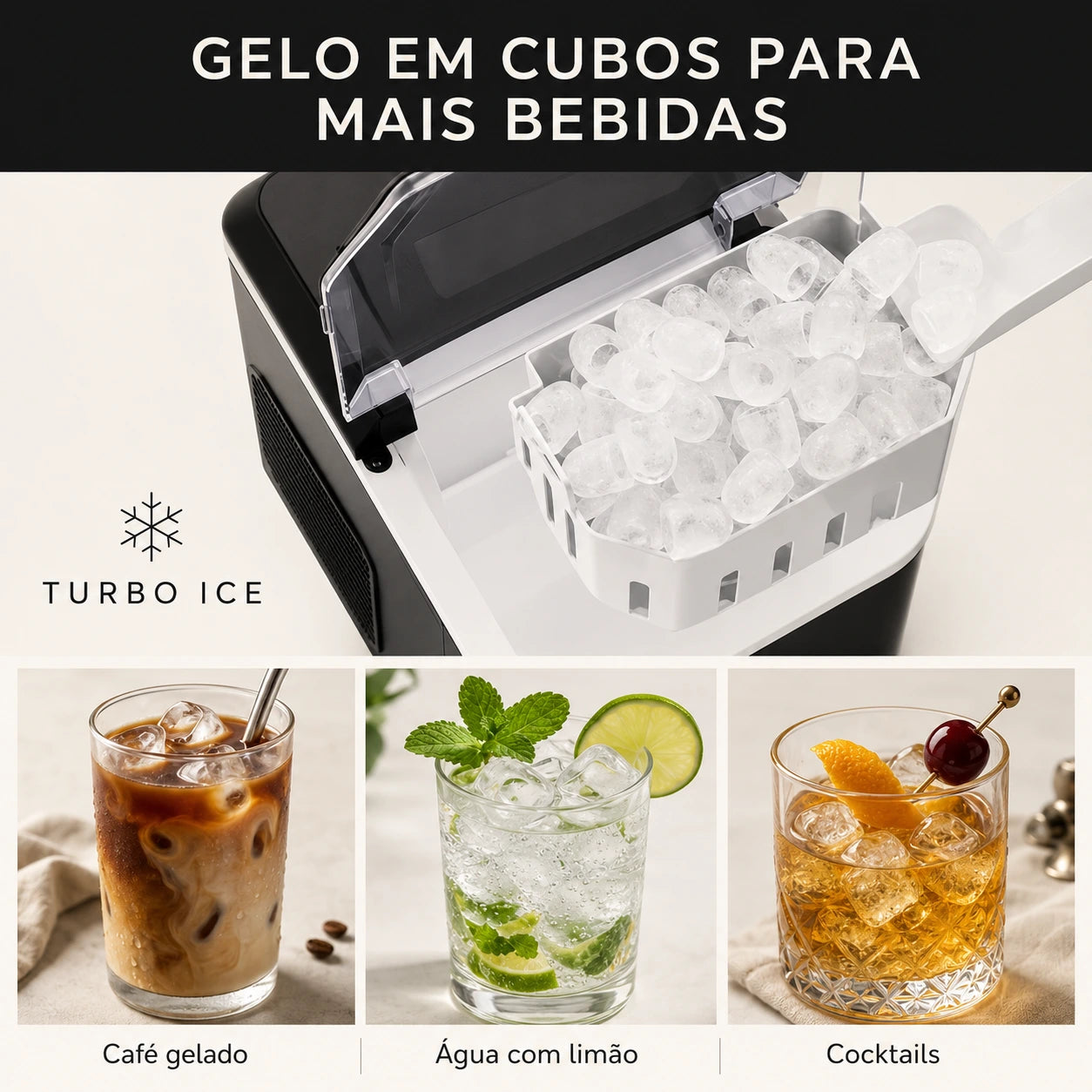 Máquina de Gelo Portátil Turbo Ice para Casa, Bar e Área Gourmet
