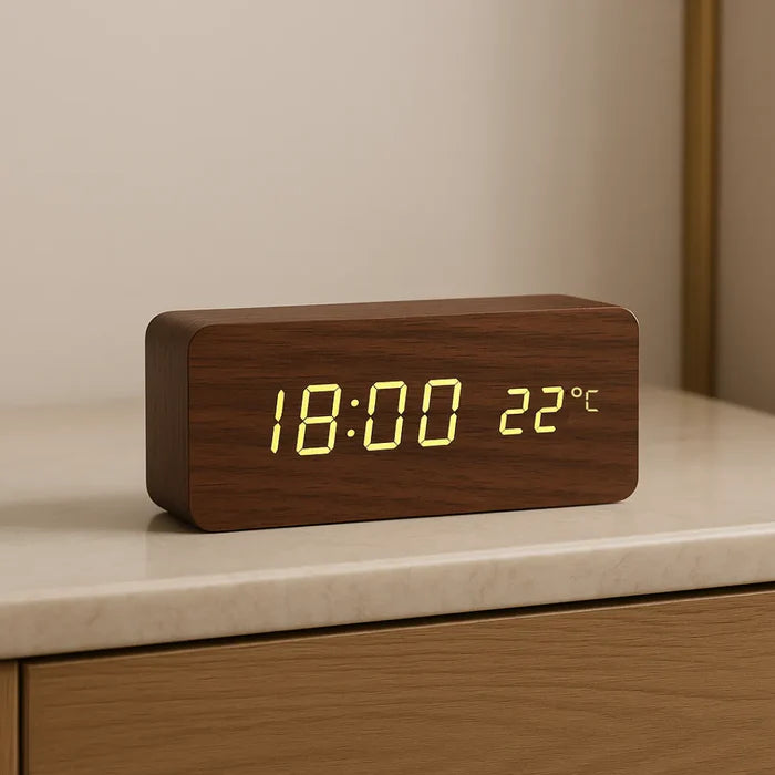 Relógio Digital Wood Design LED Despertador Mesa Decorativo - Neohousi