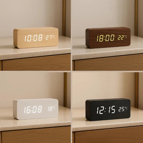 Relógio Digital Wood Design LED Despertador Mesa Decorativo - Neohousi