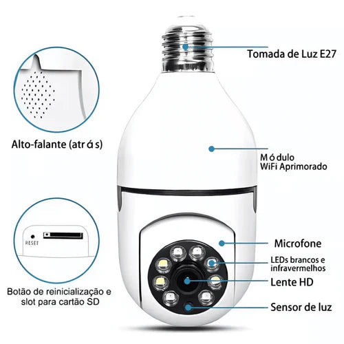 Câmera de Segurança Wi-Fi 360° Full HD com Visão Noturna Colorida - Encaixe Lampada - Neohousi