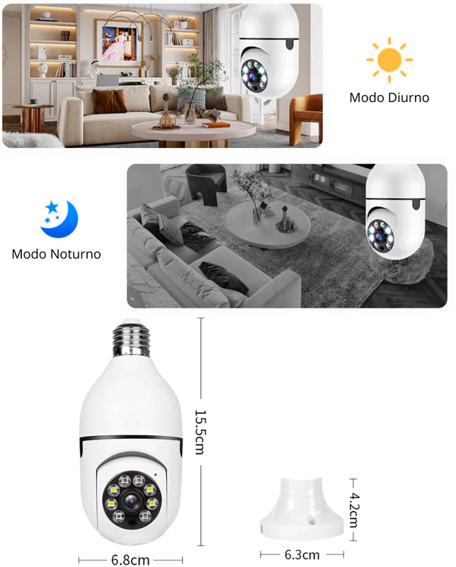 Câmera de Segurança Wi-Fi 360° Full HD com Visão Noturna Colorida - Encaixe Lampada - Neohousi