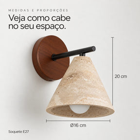 Medidas da arandela Taira: 20 cm de altura, cúpula de 16 cm de diâmetro e soquete E27