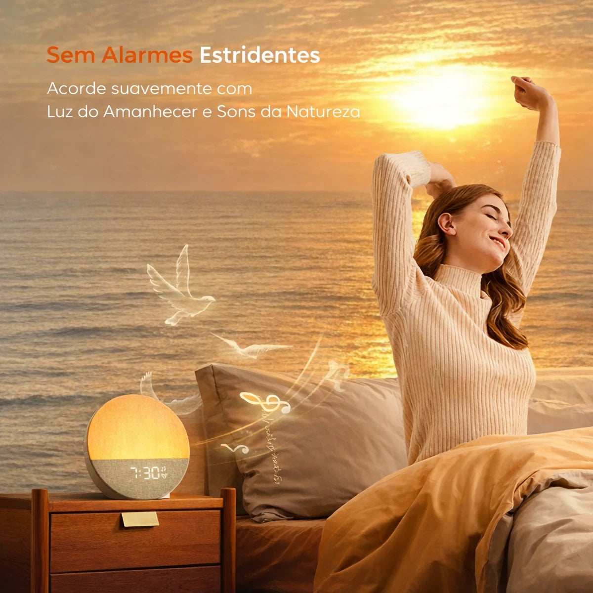 Despertador Sunrise Pro™ com Luz de Amanhecer, 30 Sons Relaxantes, Bluetooth e Luminária Noturna LED