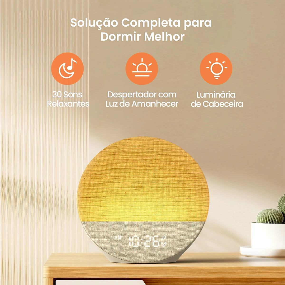Despertador Sunrise Pro™ com Luz de Amanhecer, 30 Sons Relaxantes, Bluetooth e Luminária Noturna LED