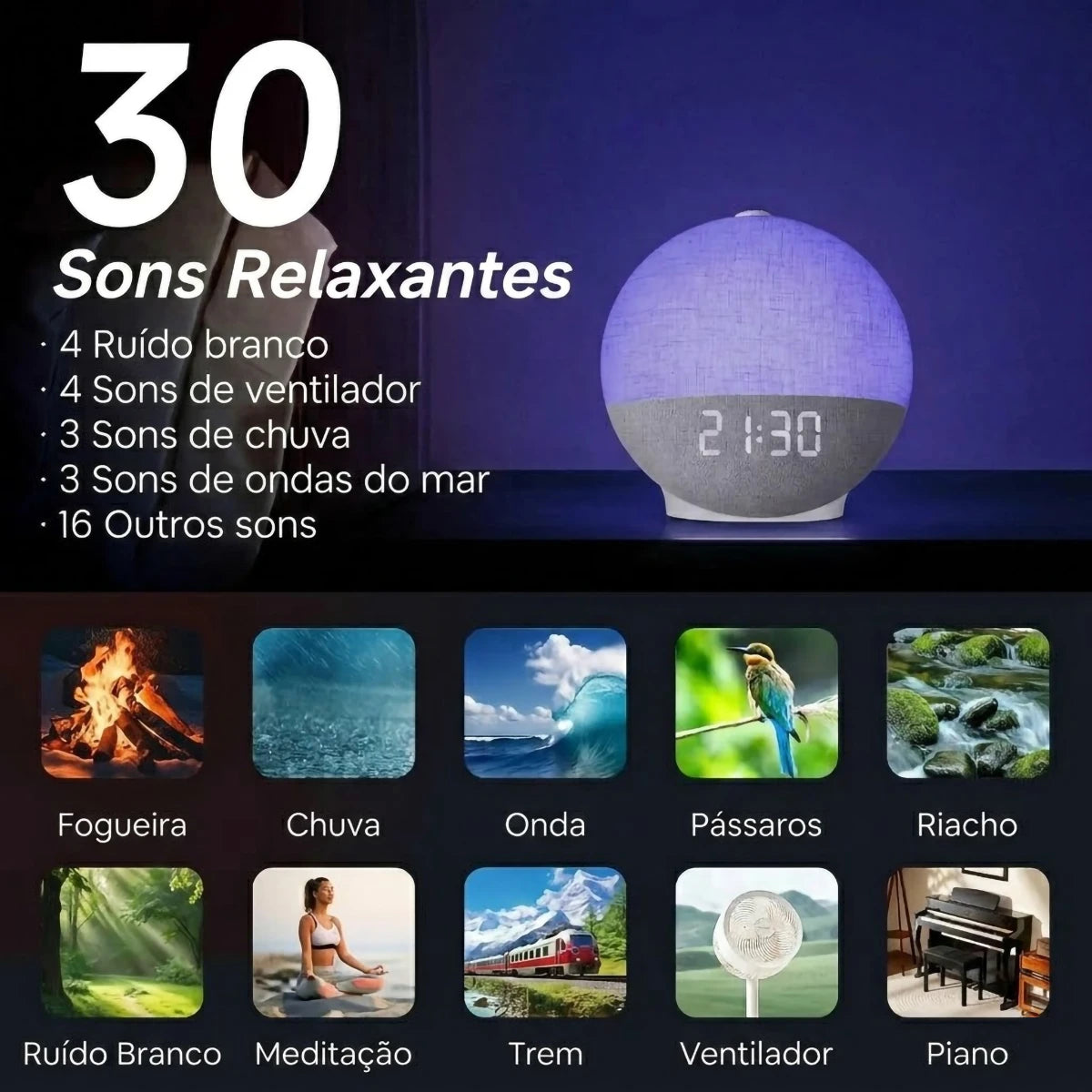 Despertador Sunrise Pro™ com Luz de Amanhecer, 30 Sons Relaxantes, Bluetooth e Luminária Noturna LED