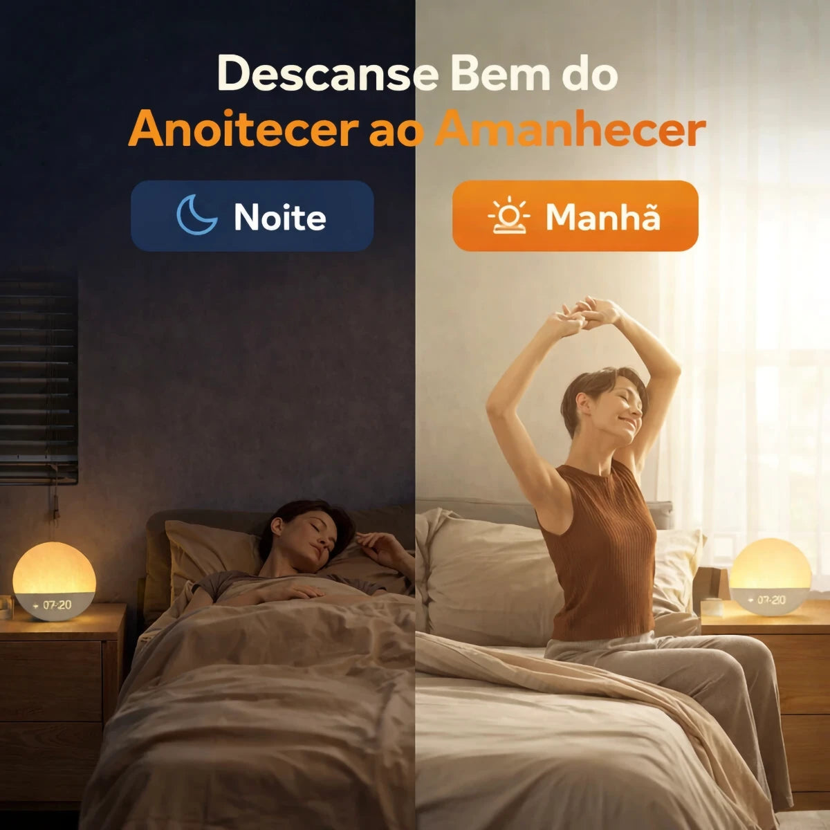 Despertador Sunrise Pro™ com Luz de Amanhecer, 30 Sons Relaxantes, Bluetooth e Luminária Noturna LED