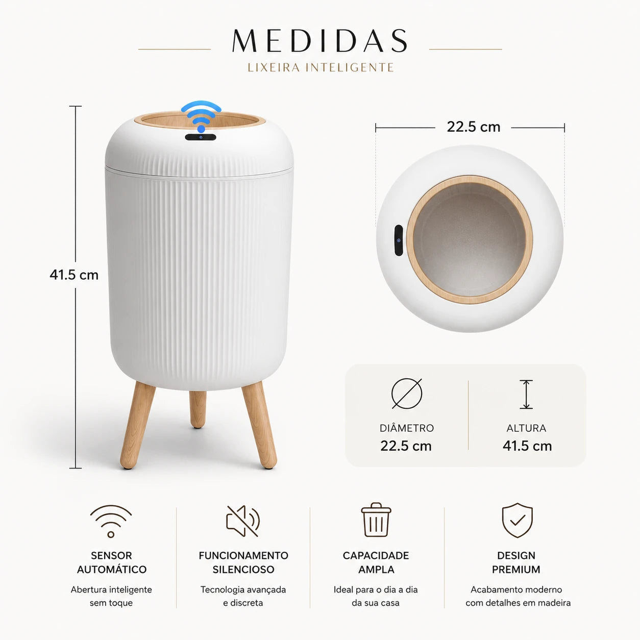 Lixeira Decorativa Automática Madeira com Sensor 10L