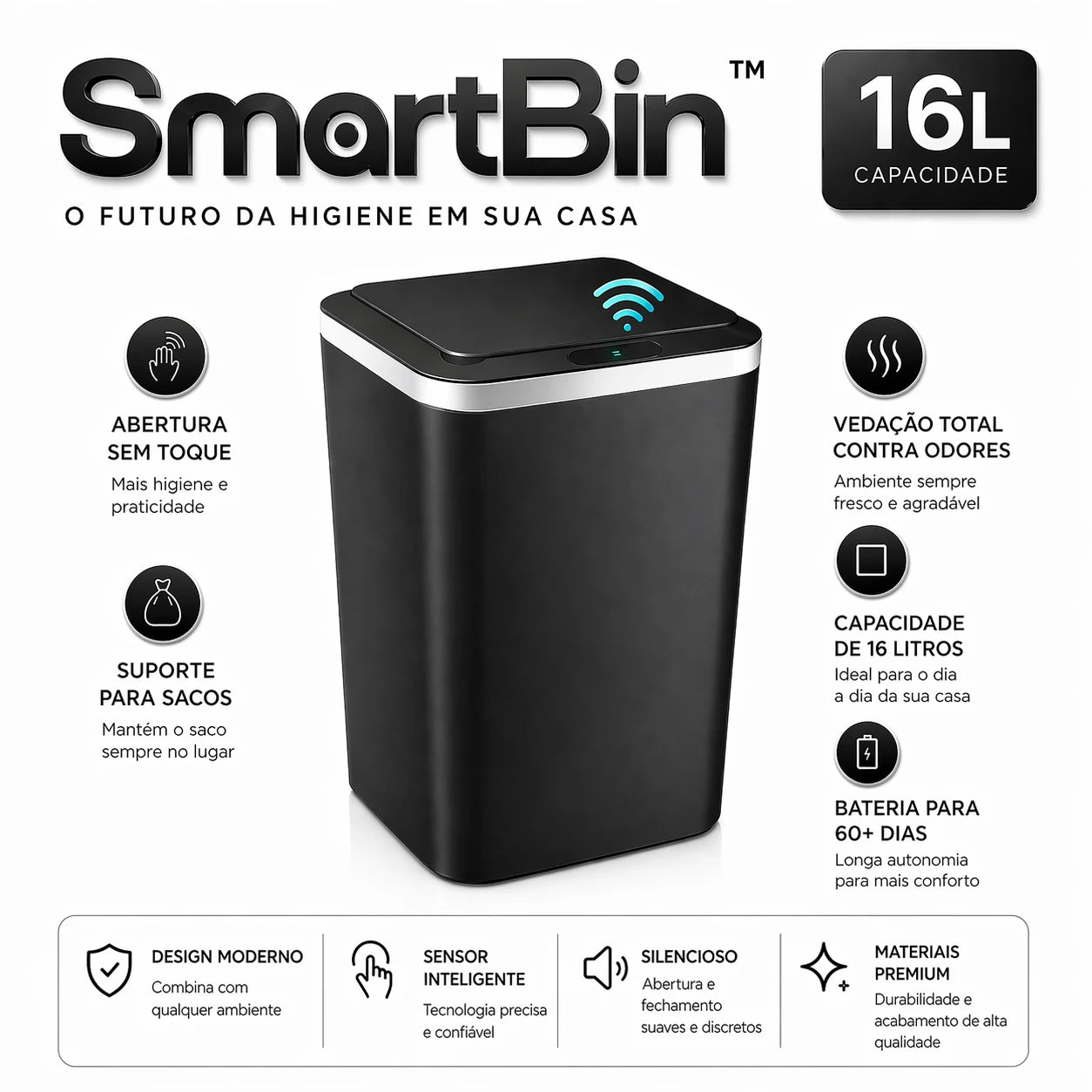 Lixeira Inteligente SmartBin™ com Sensor de Movimento Recarregável USB