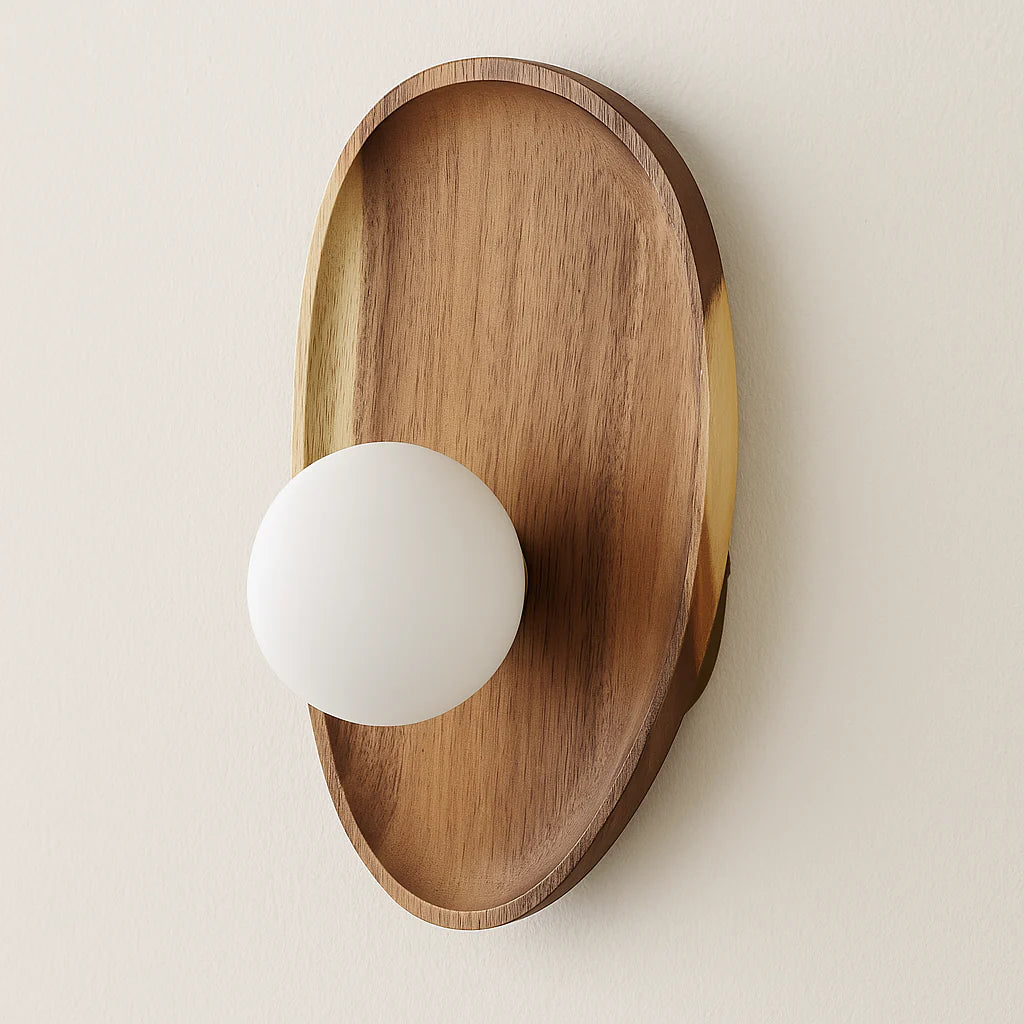 Luminária Arandela Moderna Minimalista Rústico Madeira Globo Bola Vidro Perth