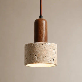 Luminária Pendente Moderna Wabi-Sabi em Travertino e Madeira Kanso