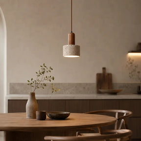 Luminária Pendente Moderna Wabi-Sabi em Travertino e Madeira Kanso