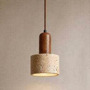Luminária Pendente Moderna Wabi-Sabi em Travertino e Madeira Kanso