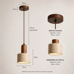 Luminária Pendente Moderna Wabi-Sabi em Travertino e Madeira Kanso