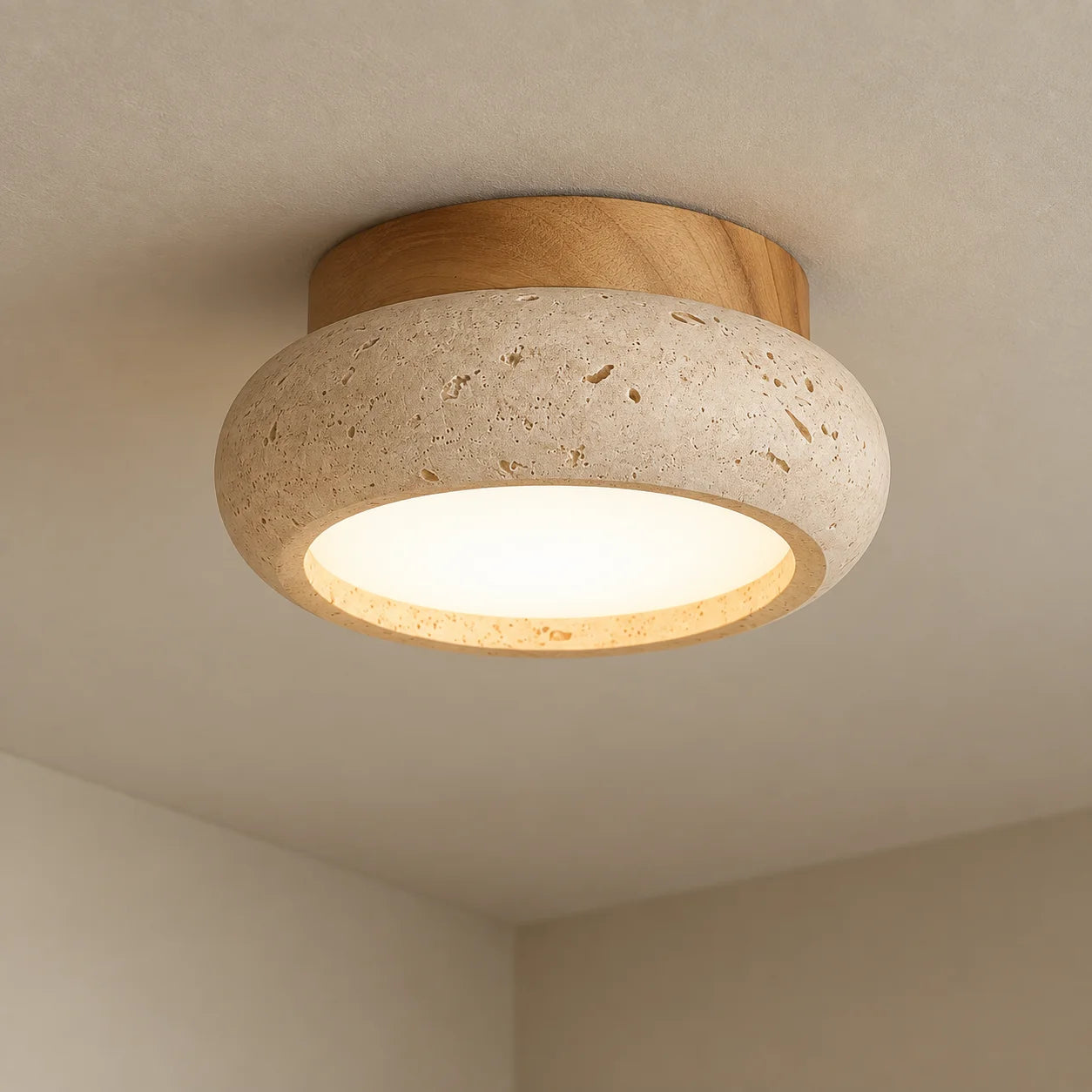 Plafon de sobrepor Nagi em travertino e madeira instalado no teto com a luz acesa