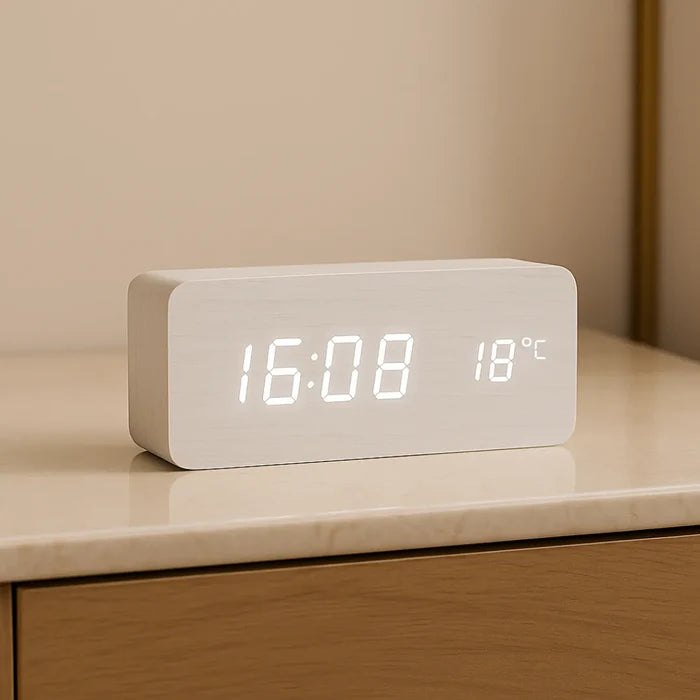 Relógio Digital Wood Design LED Despertador Mesa Decorativo - Neohousi