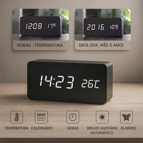 Relógio Digital Wood Design LED Despertador Mesa Decorativo