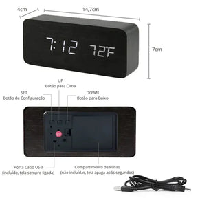 Relógio Digital Wood Design LED Despertador Mesa Decorativo